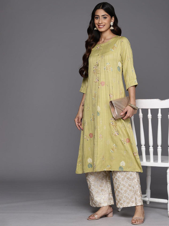 Olive Printed Silk A-Line Kurta - Libas