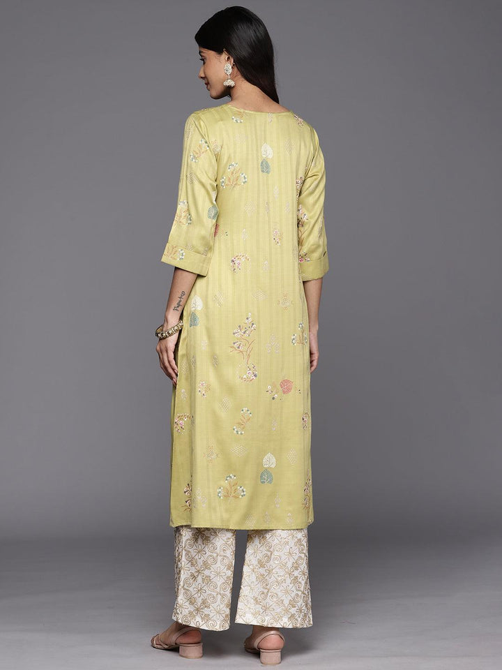 Olive Printed Silk A-Line Kurta - Libas