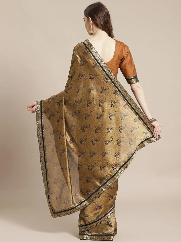 Olive Printed Silk Blend Saree - Libas