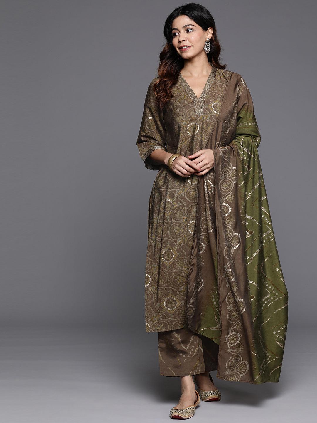 Olive Printed Silk Blend Straight Kurta With Trousers & Dupatta - Libas