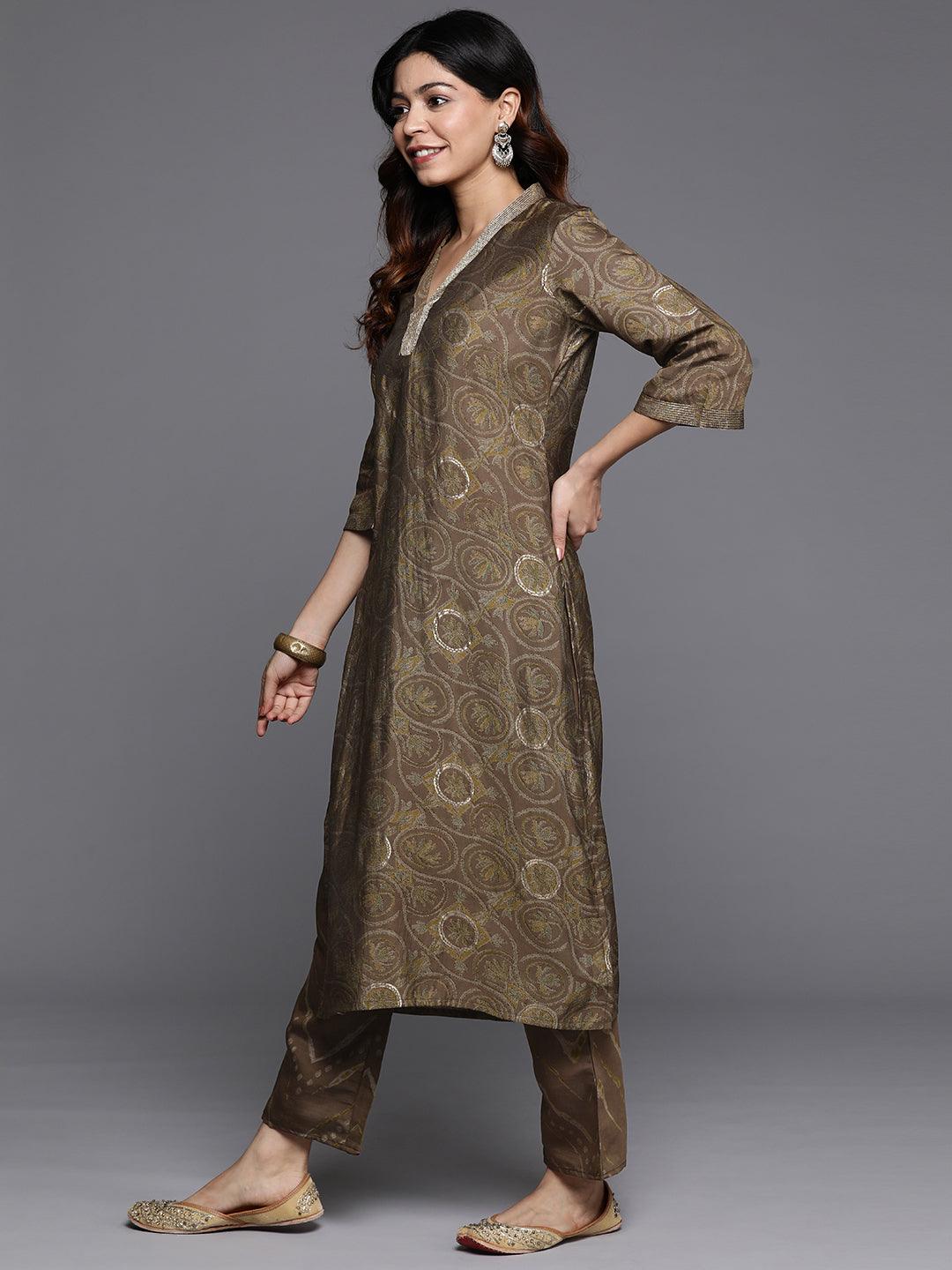 Olive Printed Silk Blend Straight Suit With Dupatta