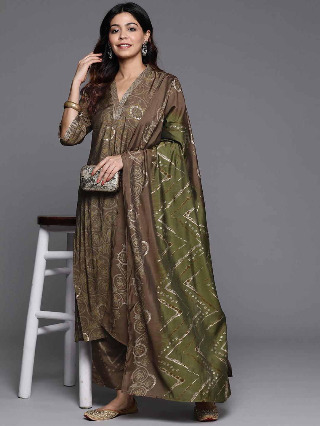 Olive Printed Silk Blend Straight Kurta With Trousers & Dupatta - Libas