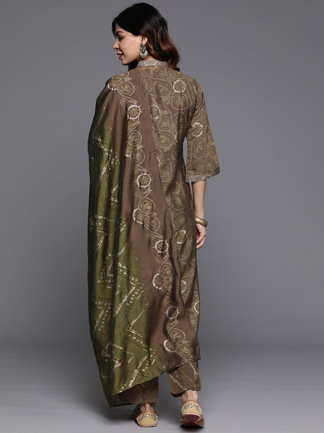 Olive Printed Silk Blend Straight Kurta With Trousers & Dupatta - Libas