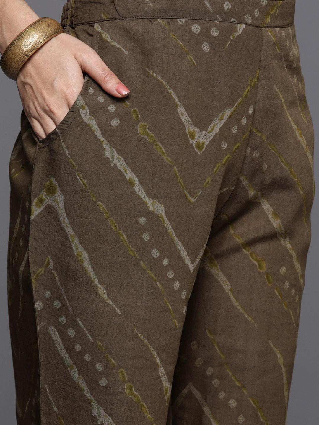 Olive Printed Silk Blend Straight Kurta With Trousers & Dupatta - Libas