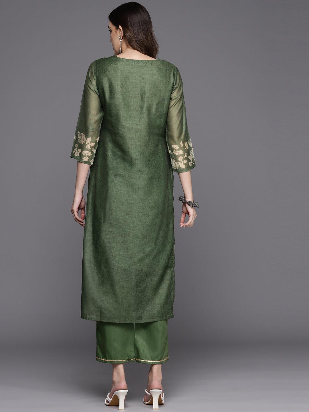 Olive Printed Silk Blend Straight Kurta With Trousers - Libas