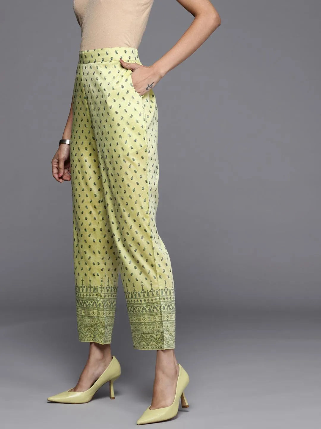 Olive Printed Silk Trousers - Libas 