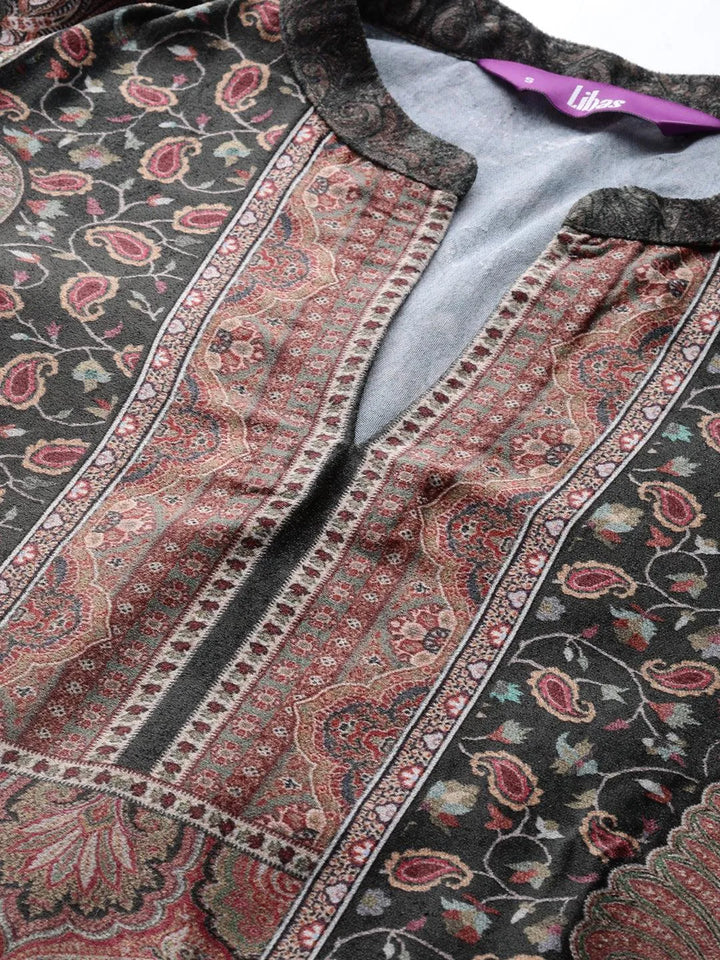 Olive Printed Velvet Straight Kurta - Libas