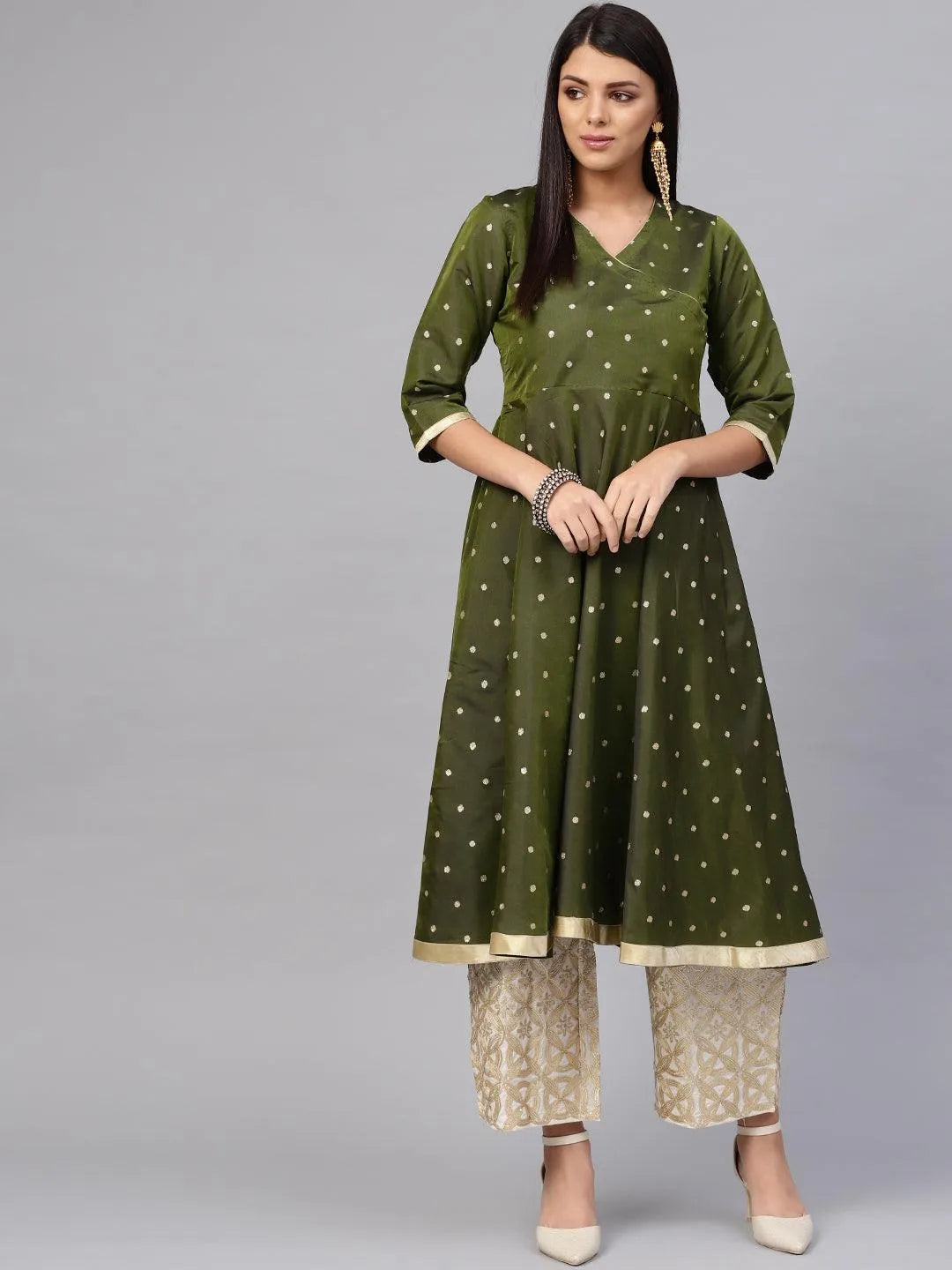 Olive Green Self Design Chanderi Kurta Set - Libas 