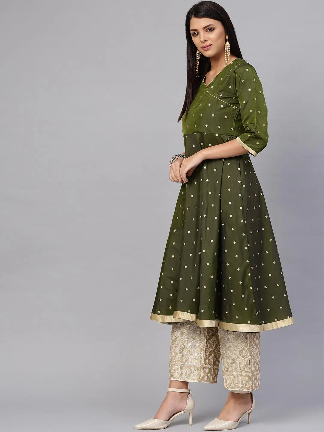 Olive Green Self Design Chanderi Kurta Set - Libas 