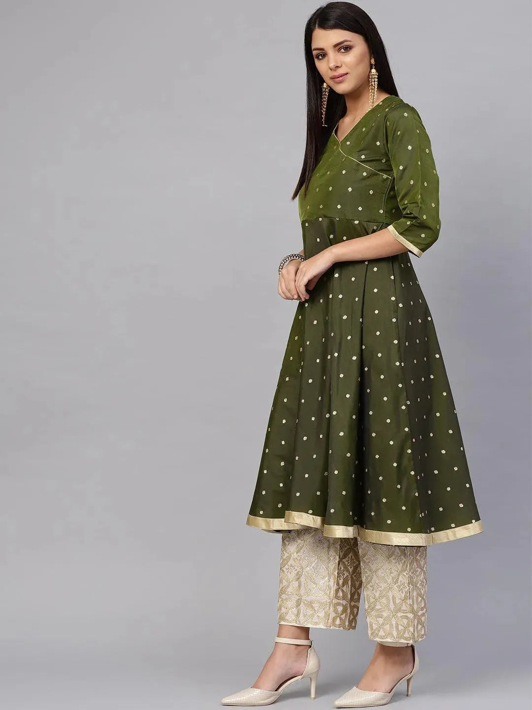 

Olive Self Design Chanderi Silk A-Line Kurta With Palazzos