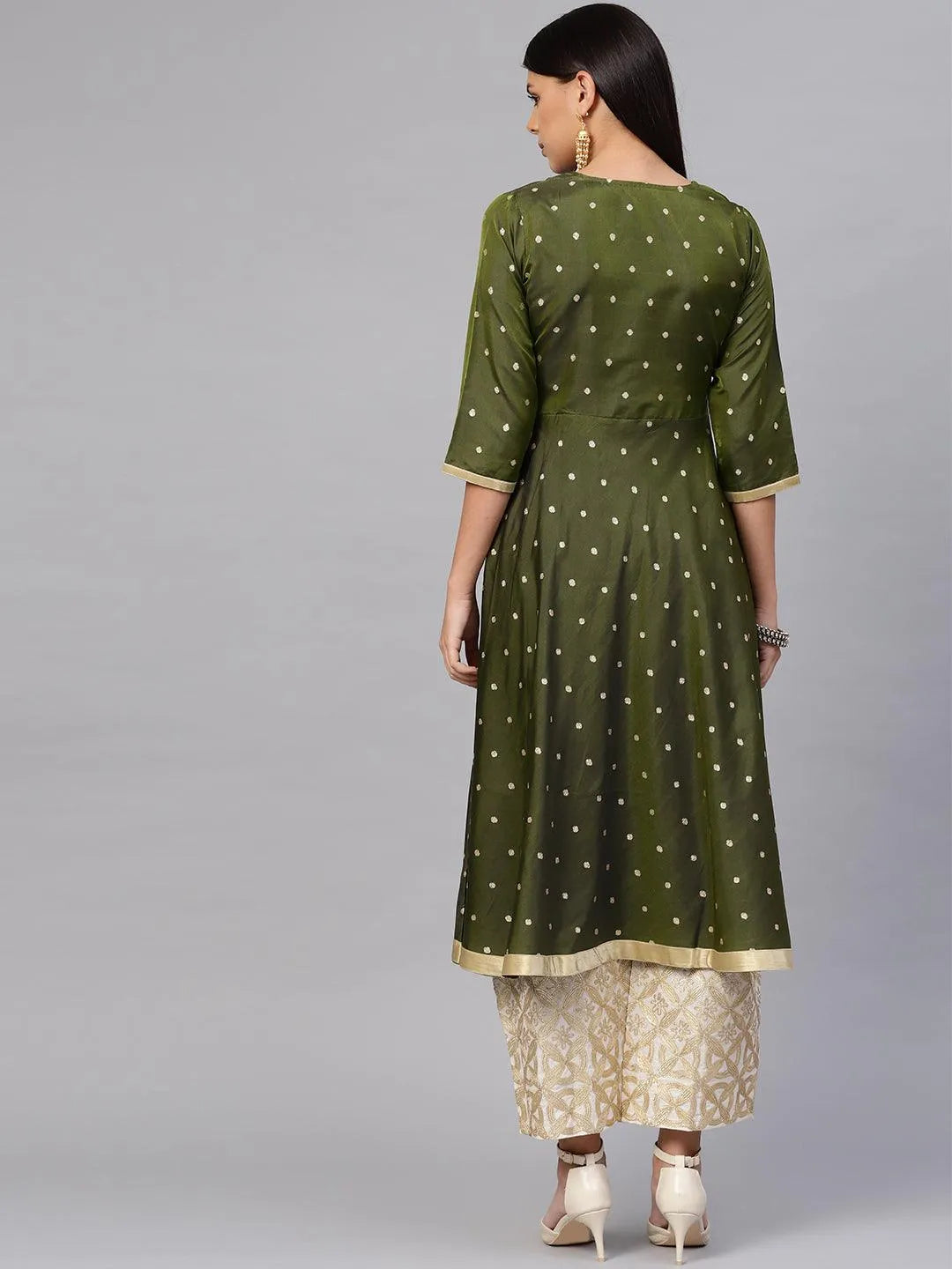 Olive Green Self Design Chanderi Kurta Set - Libas 