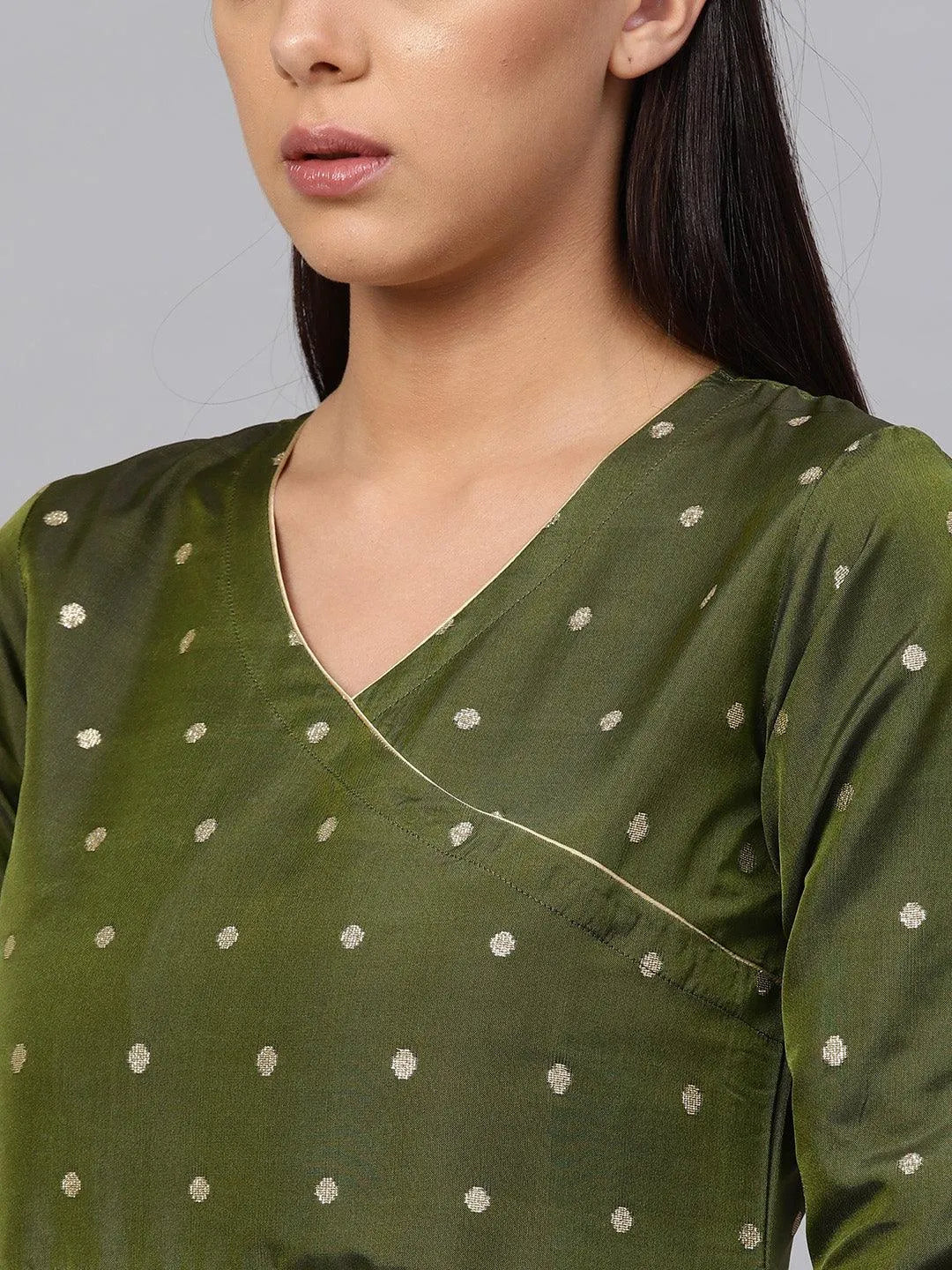 Olive Green Self Design Chanderi Kurta Set - Libas 