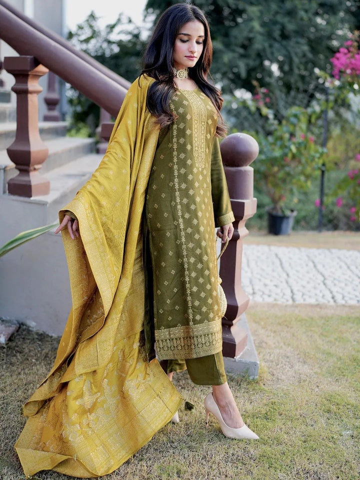 Olive Self Design Pashmina Wool Straight Suit Set - Libas