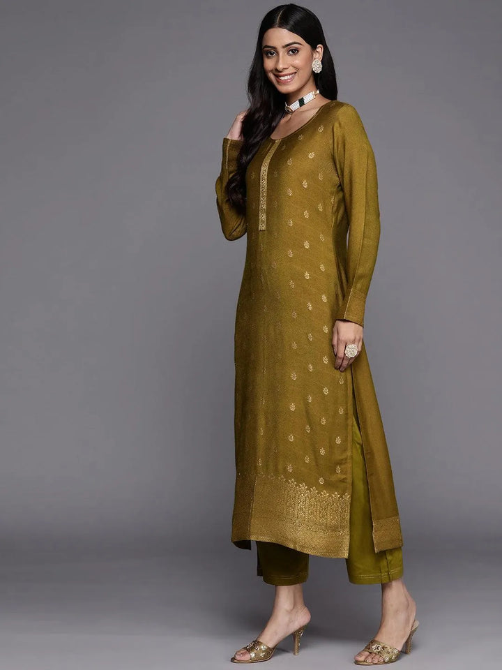 Olive Self Design Pashmina Wool Straight Suit Set - Libas