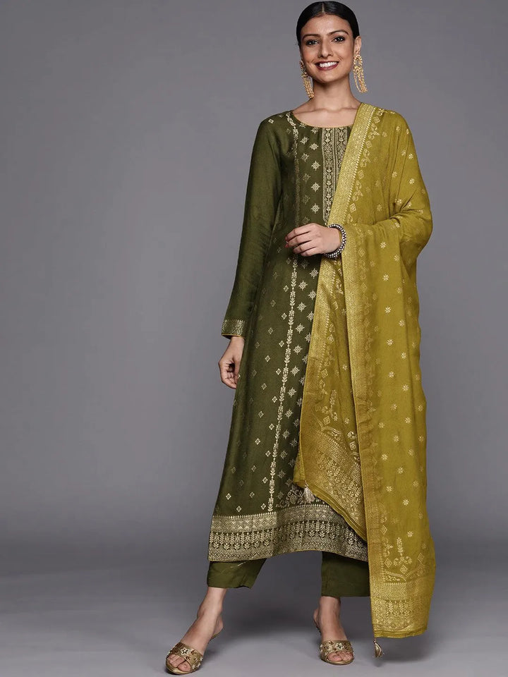 Olive Self Design Pashmina Wool Straight Suit Set - Libas