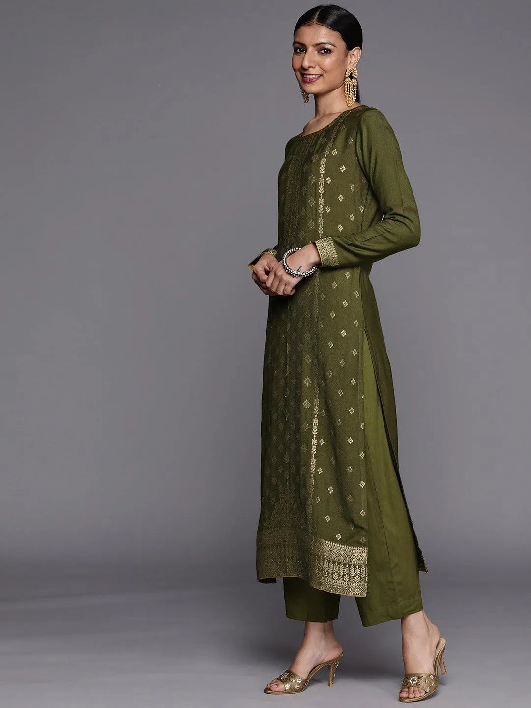 Olive Self Design Pashmina Wool Straight Suit Set - Libas