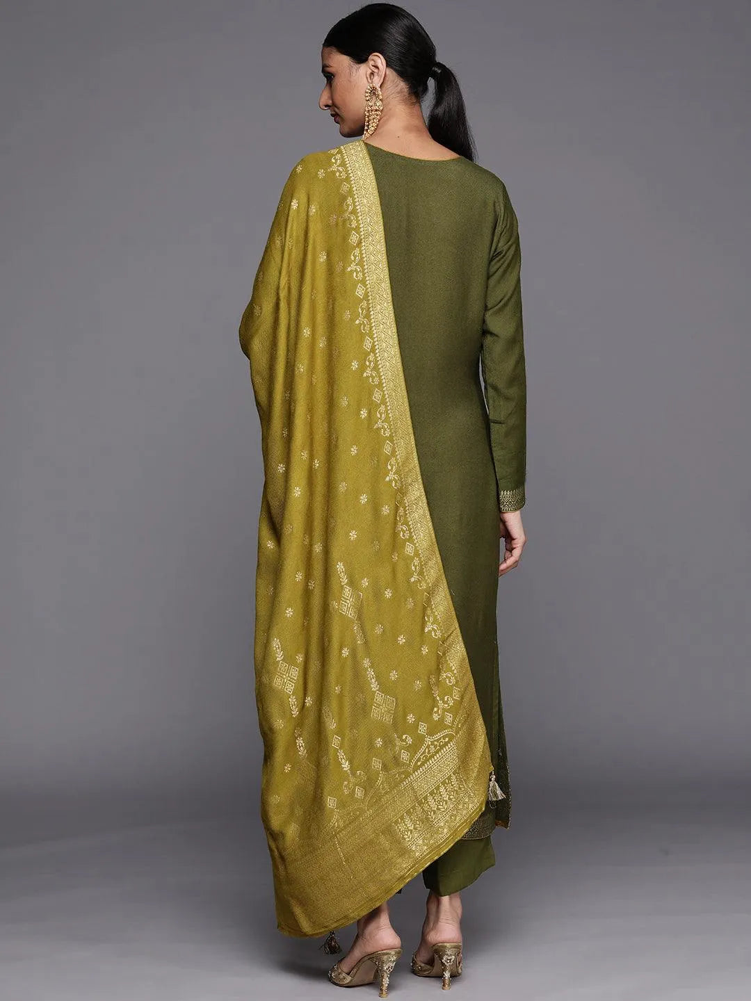 Olive Self Design Pashmina Wool Straight Suit Set - Libas