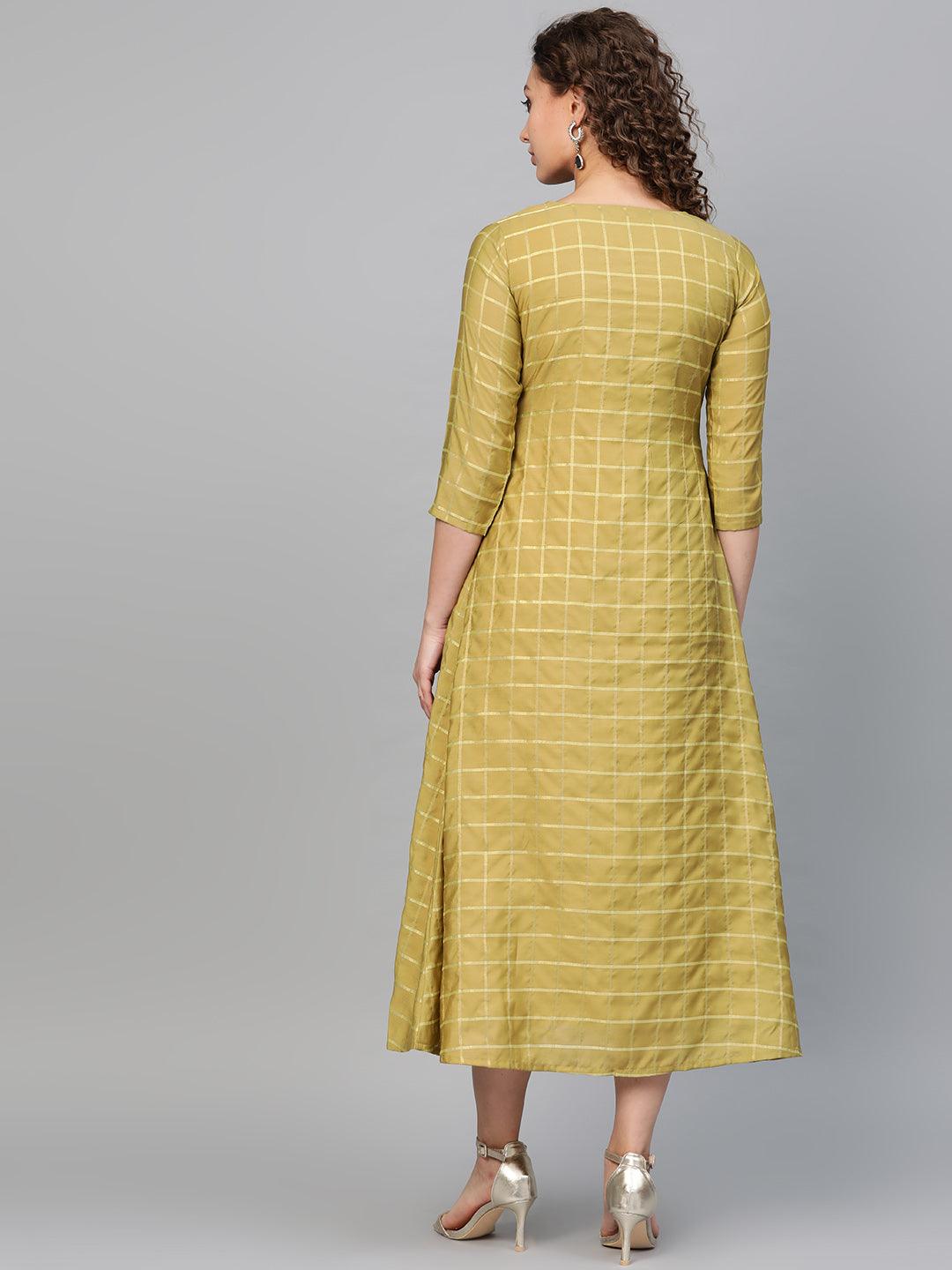 Olive Self Design Polyester Dress With Jacket