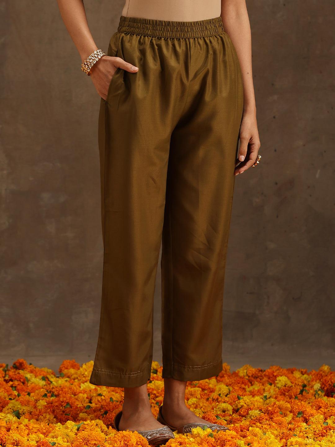Olive Self Design Silk Suit Set With Trousers - Libas