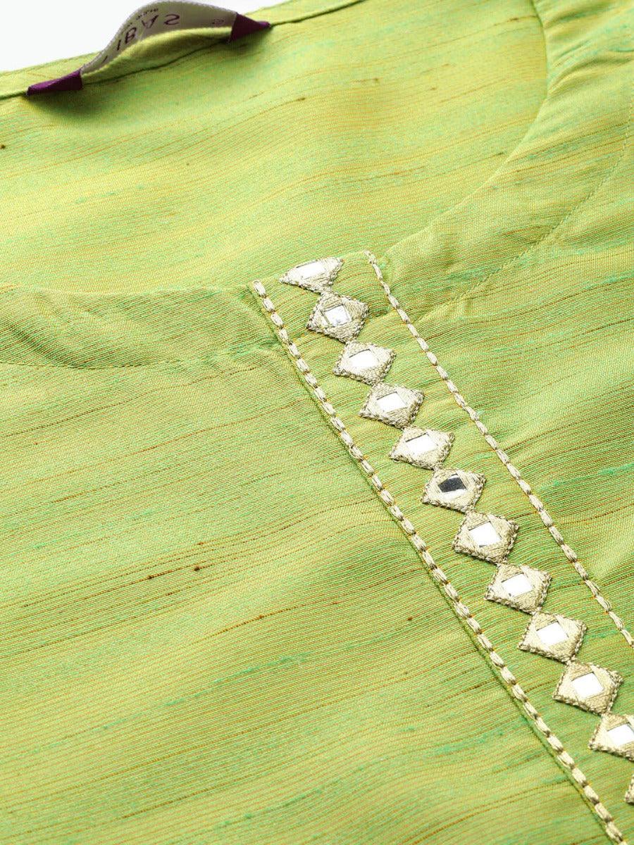 Olive Self Design Silk Straight Kurta With Trousers