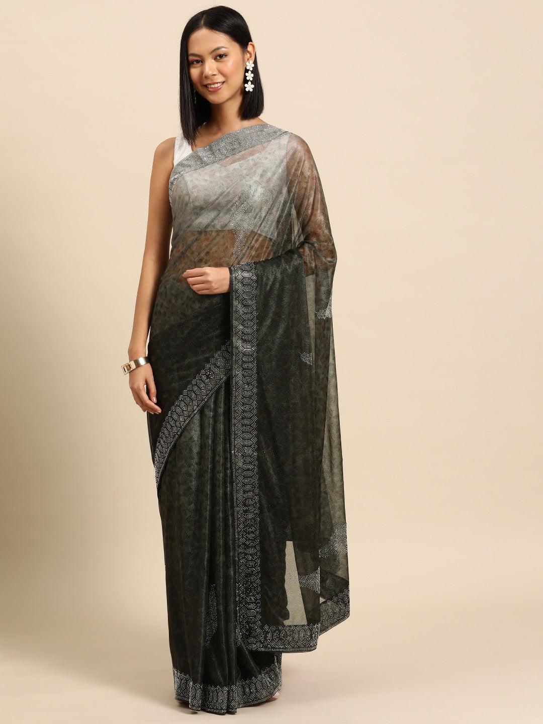 Olive Solid Lycra Saree - Libas 