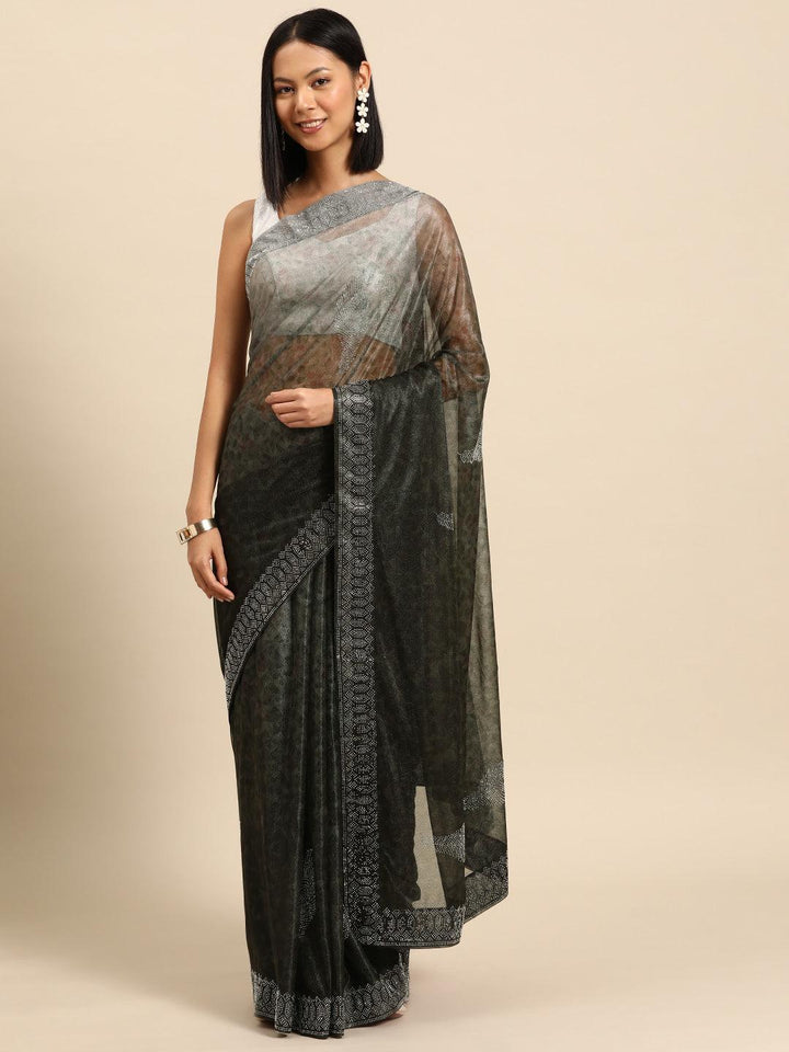 Olive Solid Lycra Saree - Libas