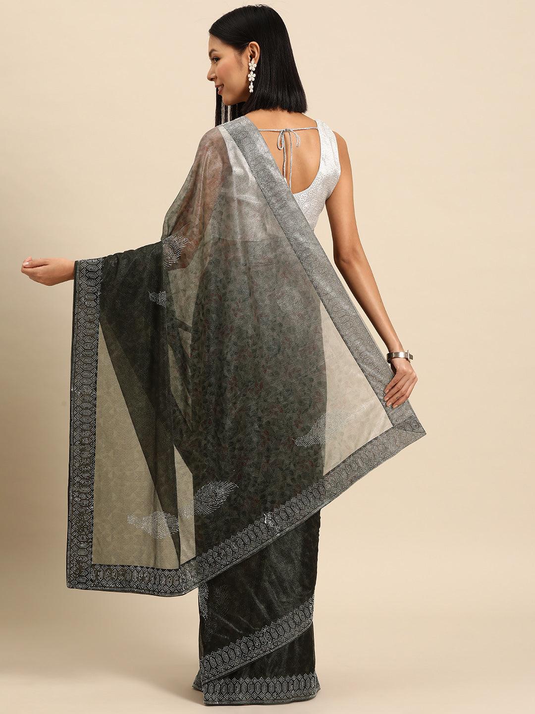 Olive Solid Lycra Saree - Libas 