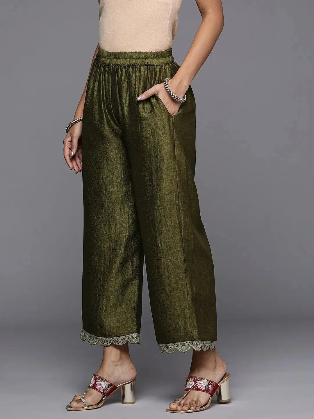 

Olive Solid Silk Blend Palazzos