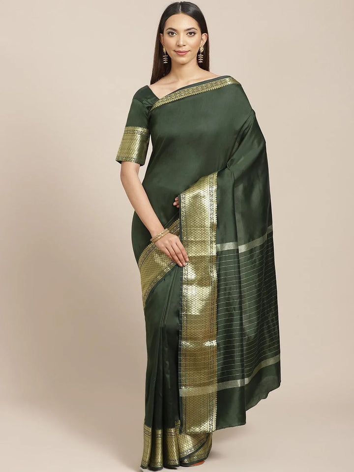 Olive Solid Silk Blend Saree - Libas