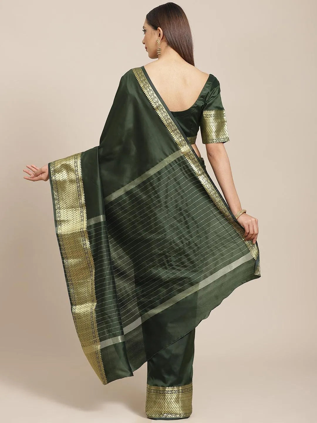 Olive Solid Silk Blend Saree - Libas