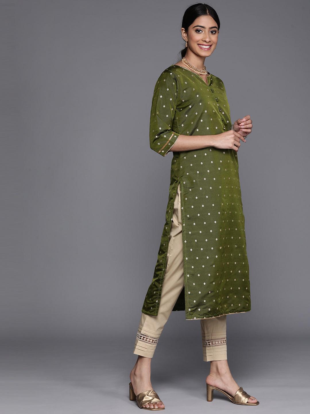 Olive Woven Design Art Silk Straight Kurta - Libas