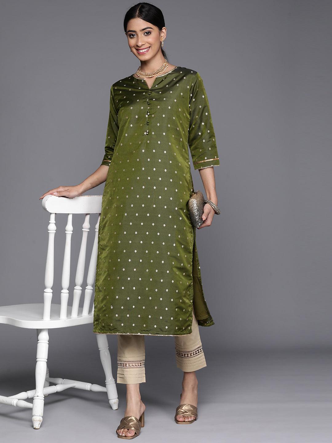 Olive Woven Design Art Silk Straight Kurta - Libas