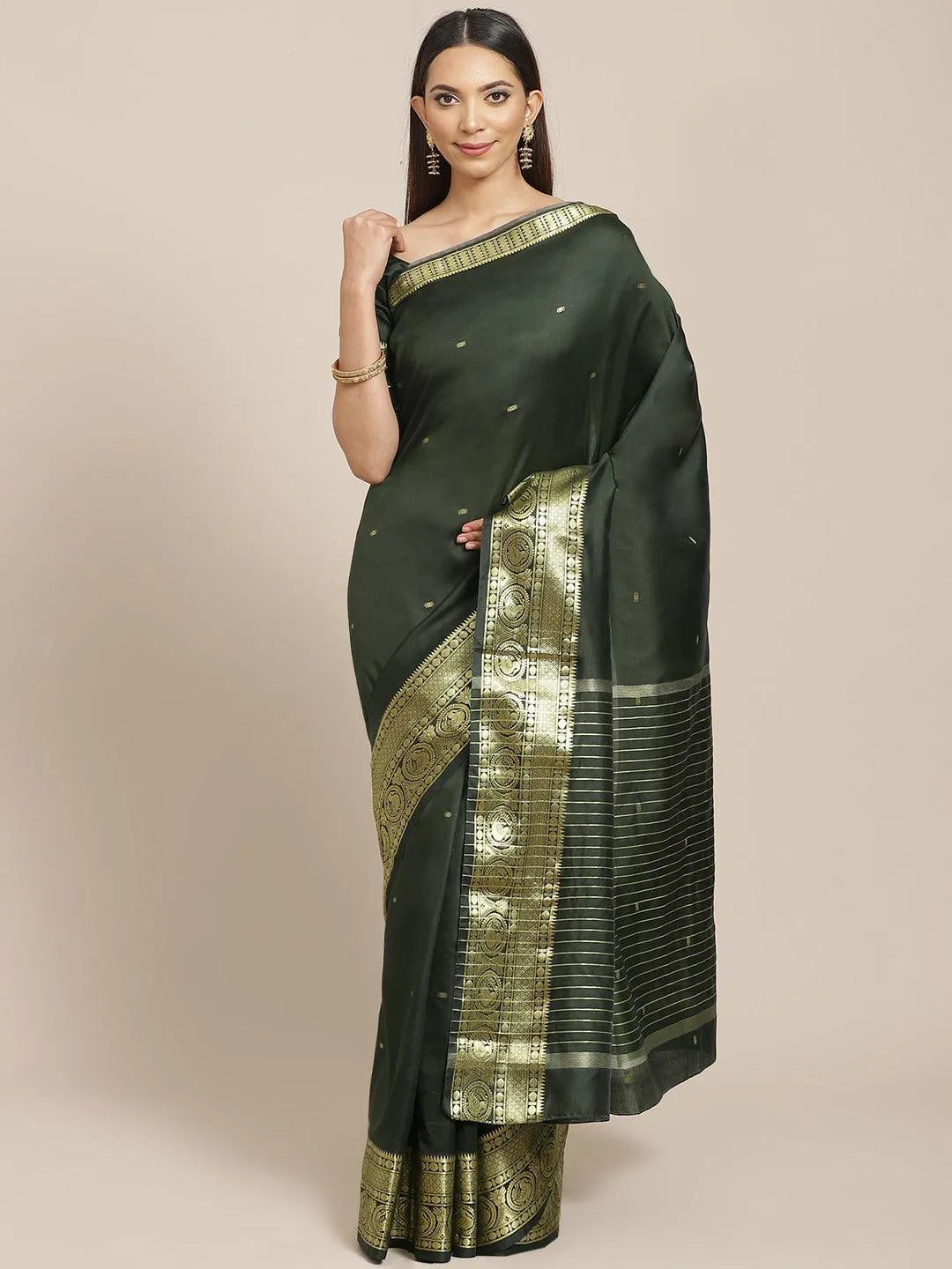 Olive Woven Design Silk Blend Saree - Libas