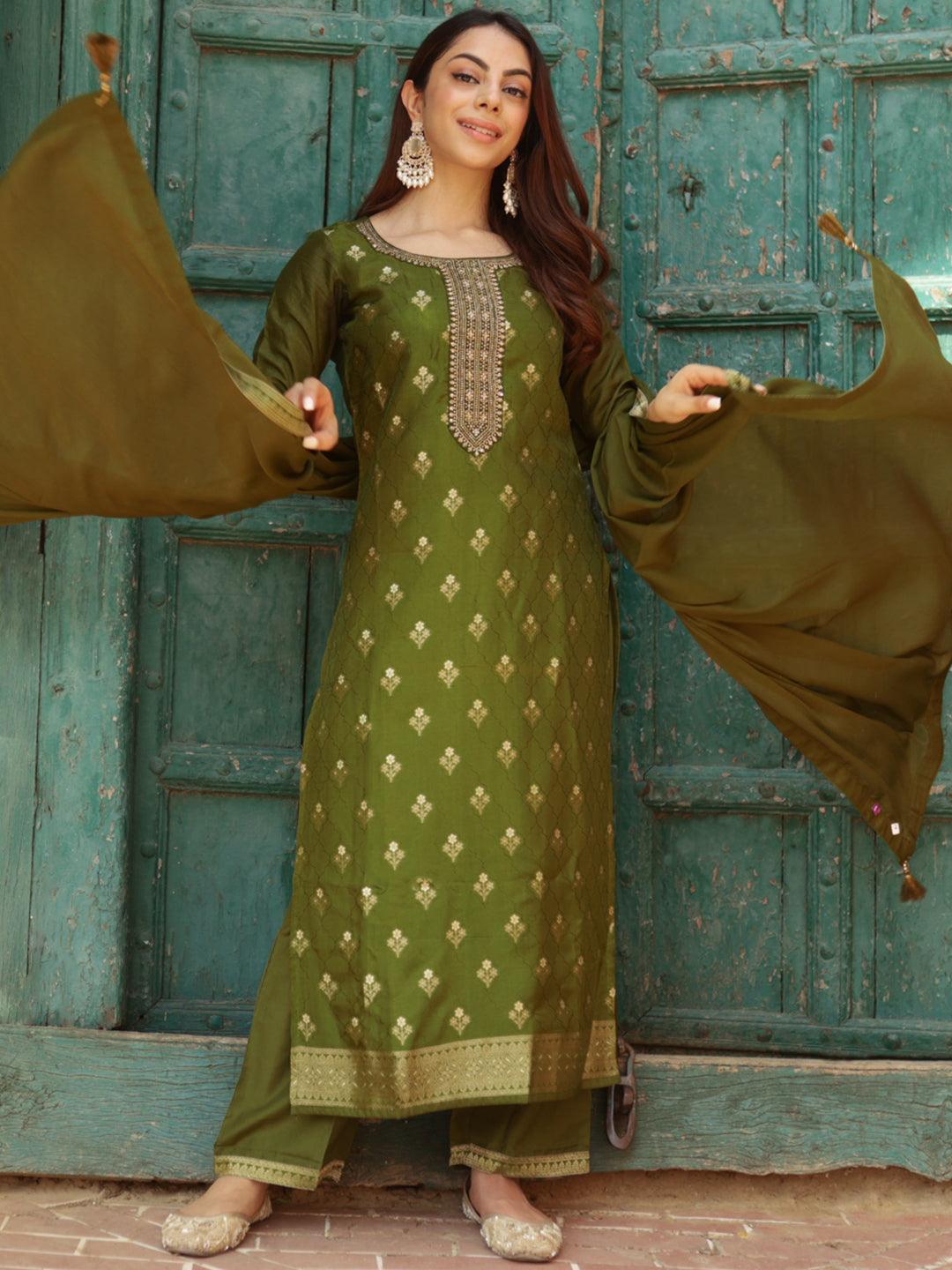 Olive Woven Design Silk Blend Straight Kurta With Trousers & Dupatta - Libas 