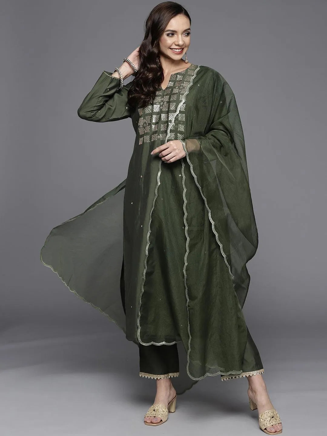 Olive Yoke Design Chanderi Silk Straight Suit Set - Libas 