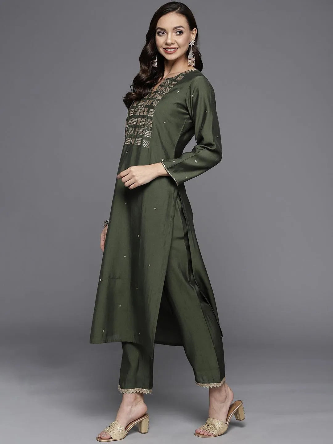 Olive Yoke Design Chanderi Silk Straight Suit Set - Libas 