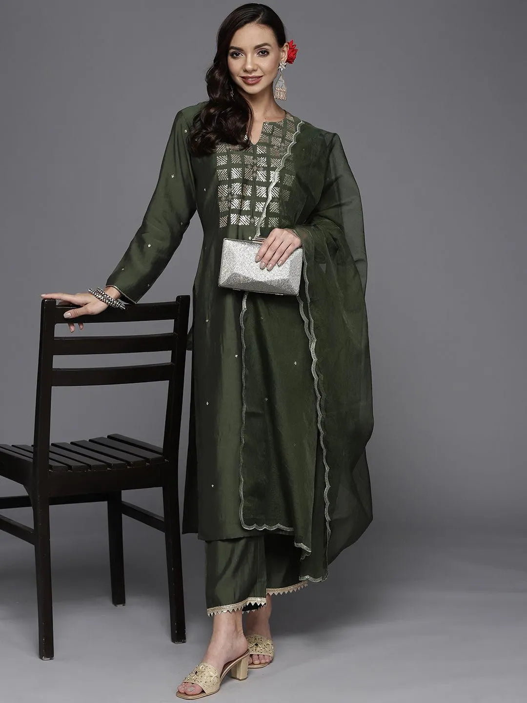 Olive Yoke Design Chanderi Silk Straight Suit Set - Libas 