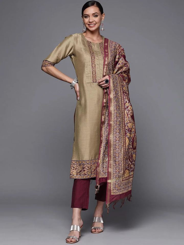 Olive Yoke Design Silk Blend Straight Suit Set - Libas