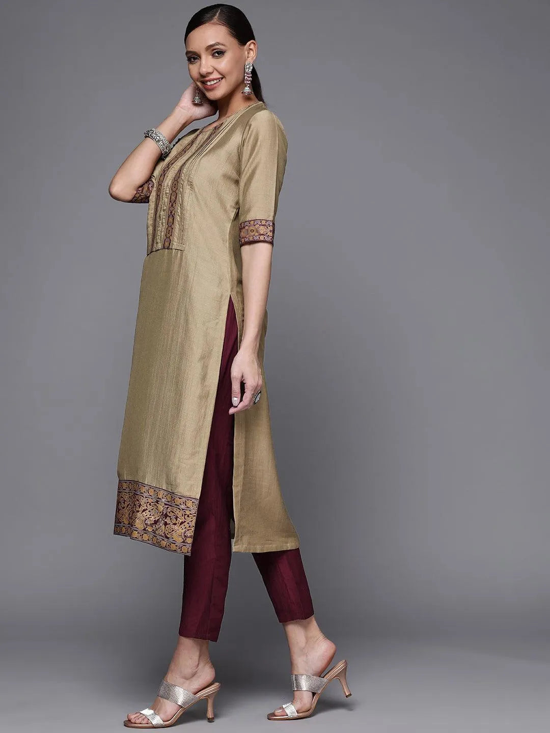 Olive Yoke Design Silk Blend Straight Suit Set - Libas