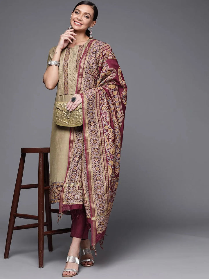 Olive Yoke Design Silk Blend Straight Suit Set - Libas