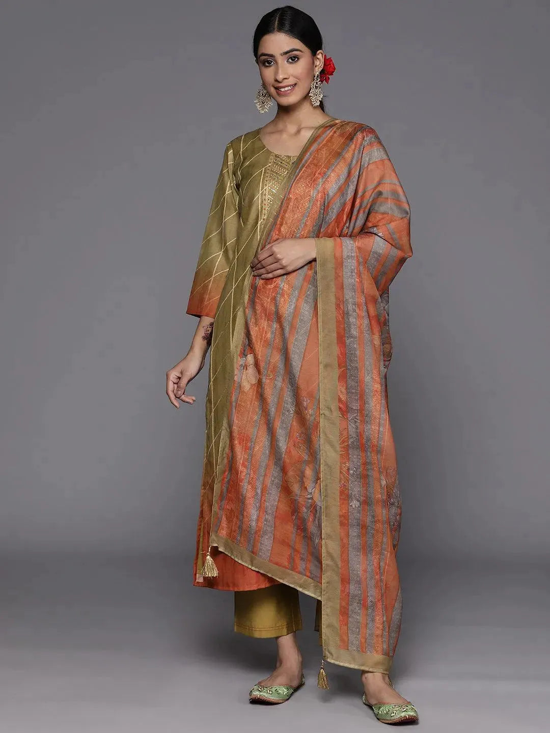 

Olive Yoke Design Silk Blend Straight Kurta With Trousers & Dupatta