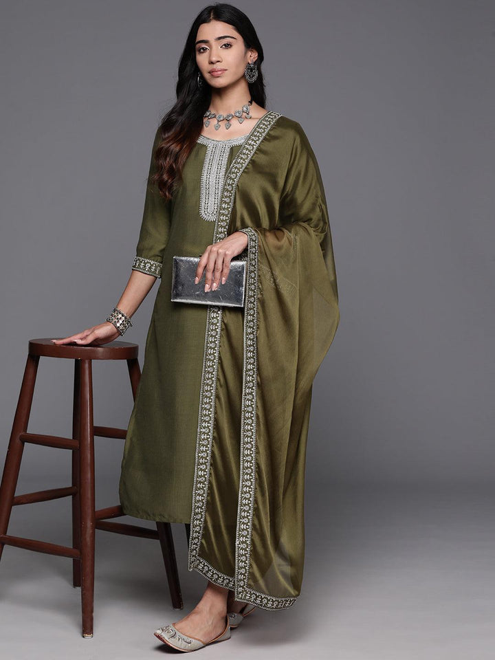 Olive Yoke Design Silk Blend Straight Kurta With Trousers & Dupatta - Libas