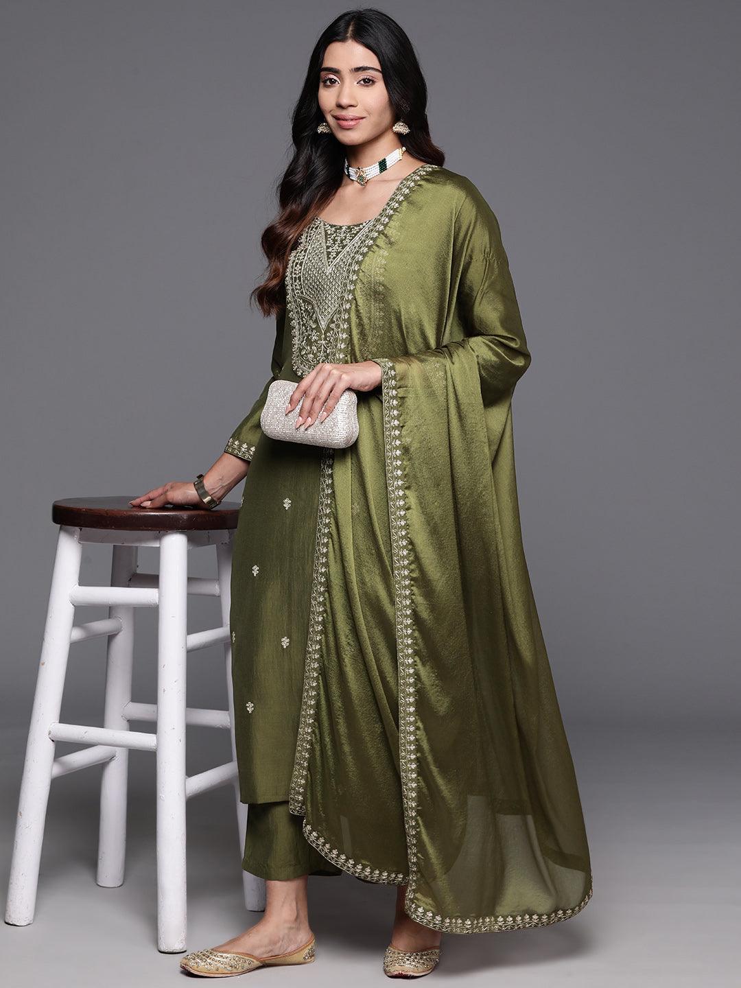 Olive Yoke Design Silk Blend Straight Kurta With Trousers & Dupatta - Libas