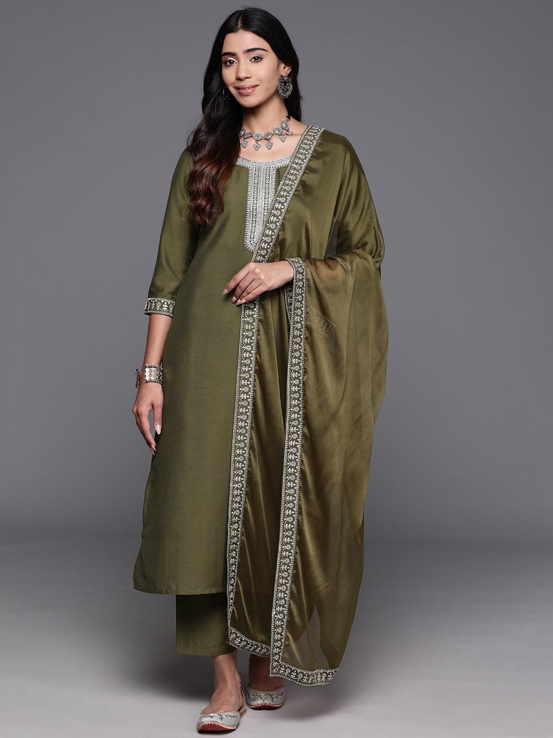 Olive Yoke Design Silk Blend Straight Kurta With Trousers & Dupatta - Libas