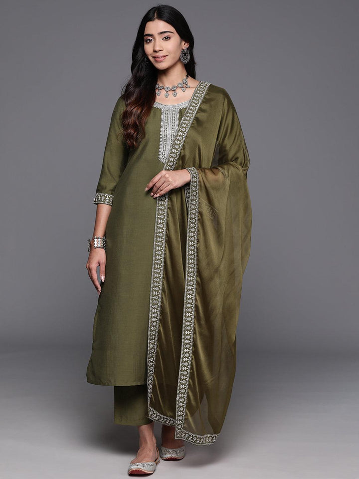 Olive Yoke Design Silk Blend Straight Kurta With Trousers & Dupatta - Libas