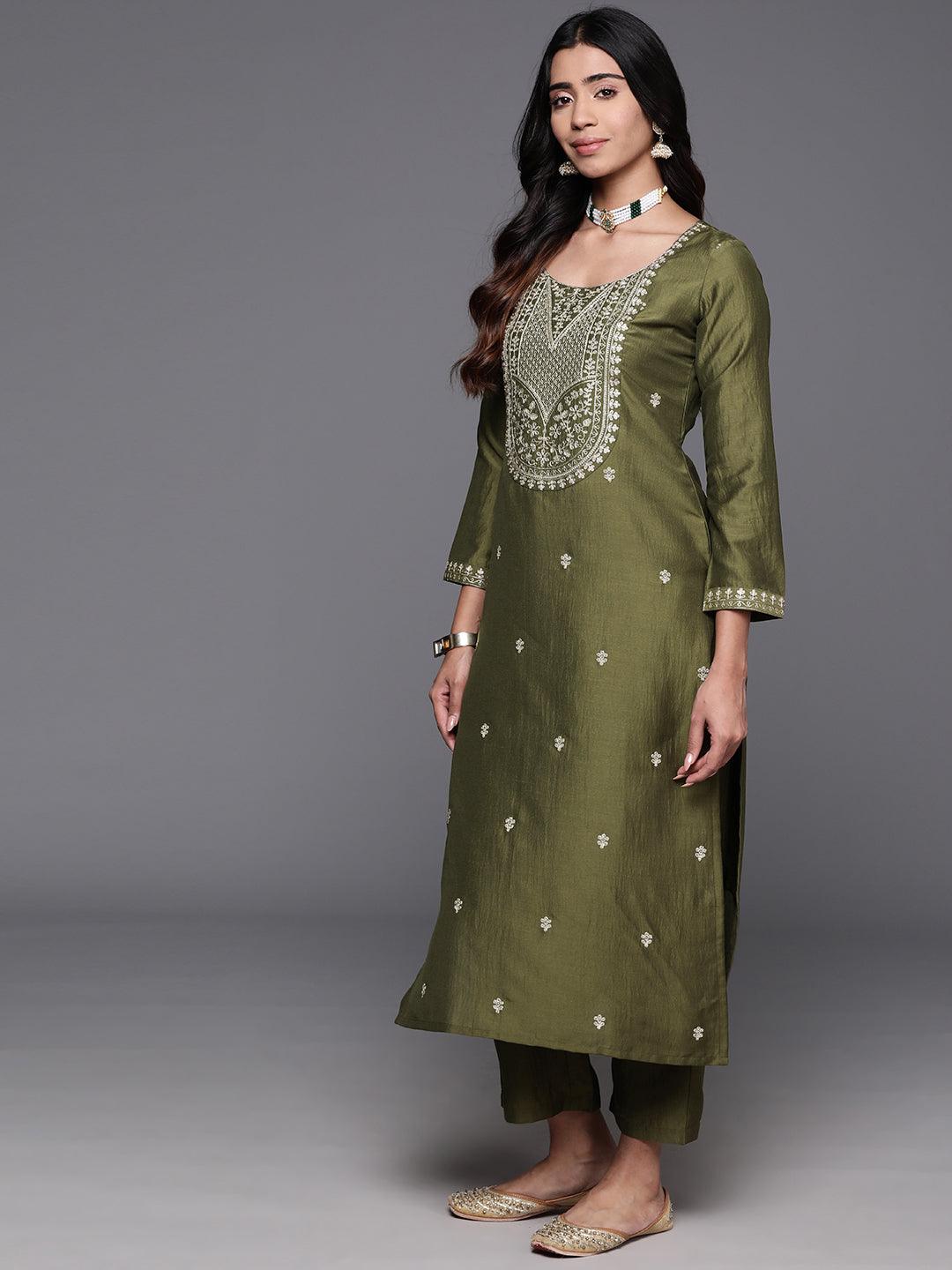 Olive Yoke Design Silk Blend Straight Kurta With Trousers & Dupatta - Libas