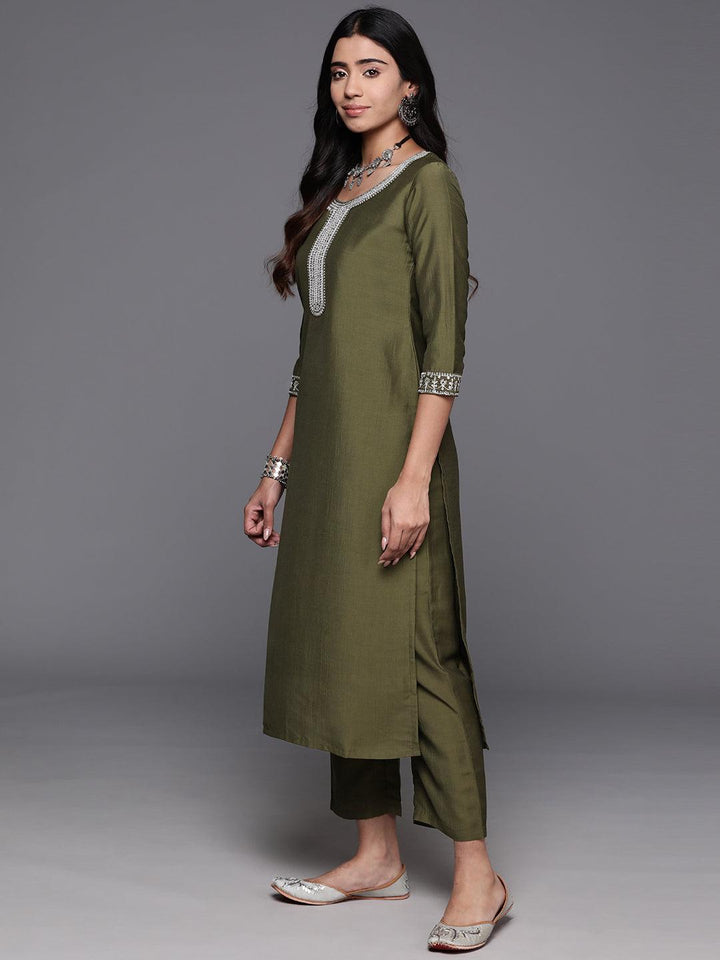 Olive Yoke Design Silk Blend Straight Kurta With Trousers & Dupatta - Libas