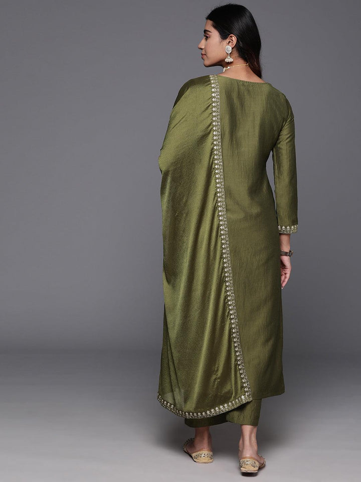 Olive Yoke Design Silk Blend Straight Kurta With Trousers & Dupatta - Libas