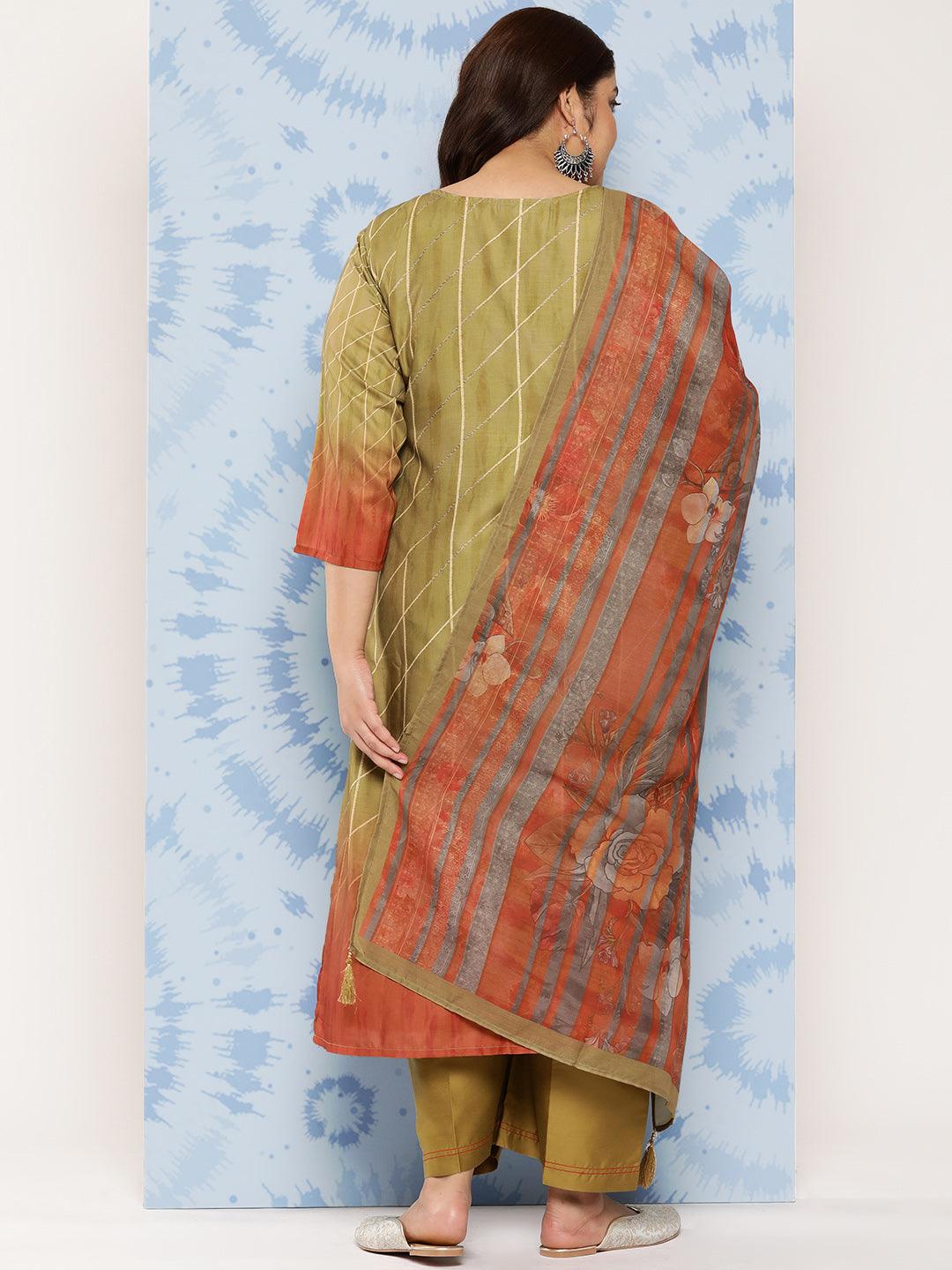 Olive Yoke Design Silk Blend Straight Kurta With Trousers and Dupatta - Libas