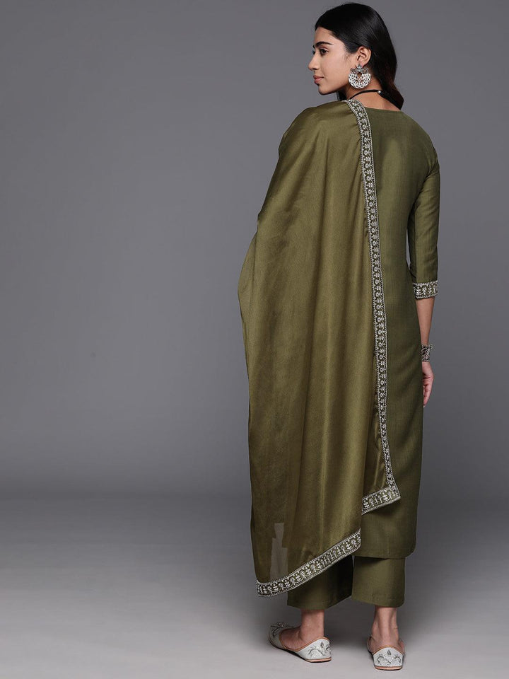 Olive Yoke Design Silk Blend Straight Kurta With Trousers & Dupatta - Libas